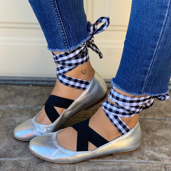 Silver Chunky Laces Ankle Tie Wrap Ballet Flats - Picture 2 of 7